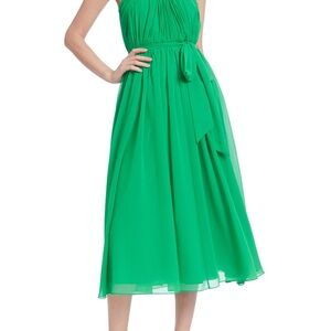 Badgley Mischka Palm Green Chiffon Midi Dress Belted Elegant Occasion